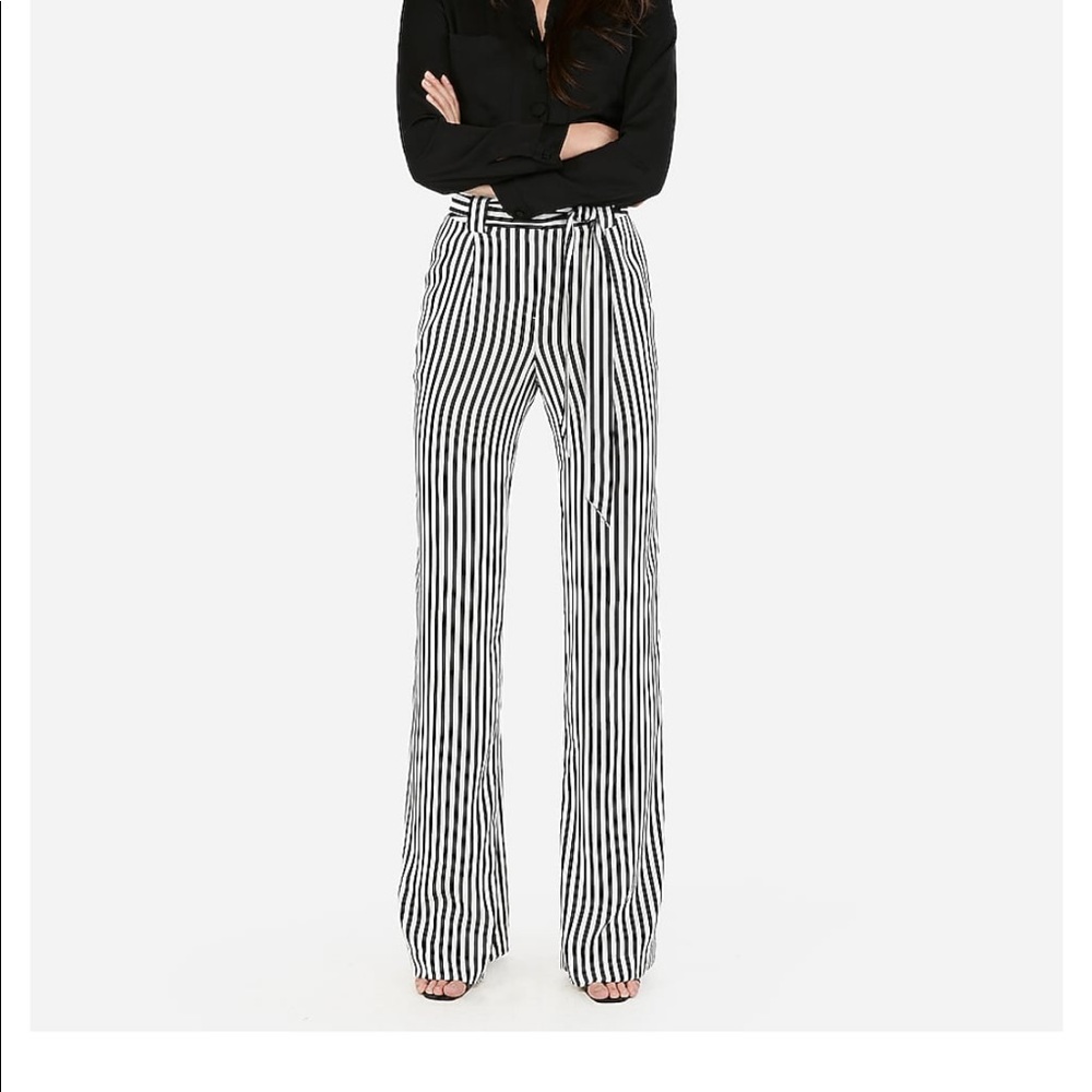 High Waisted Striped Sash Tie Wide Leg Pant